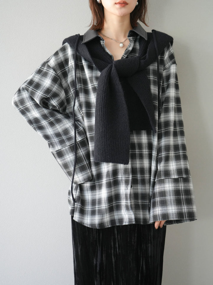 [SET]レザー襟オンブレチェックオーバーシャツ +クラッシュベロアナロースカート(2set)