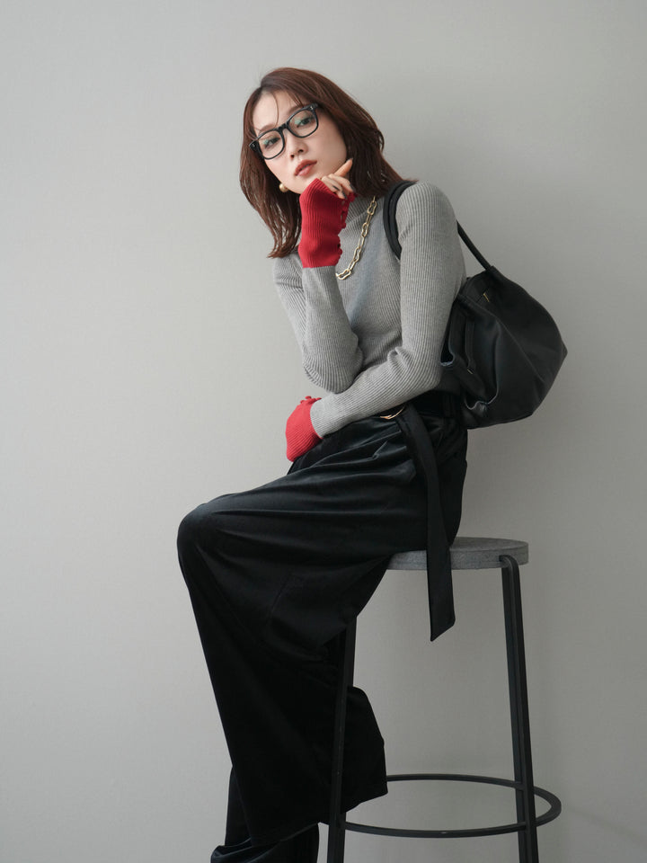 [SET]袖ボタンハイネック配色リブニットトップス+ベロアベルトスリムパンツ(2set)