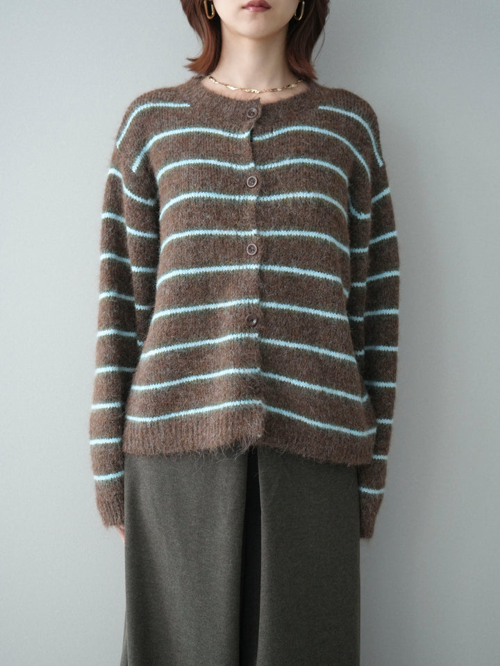 [予約]ボーダーシャギーニットカーディガン/brown