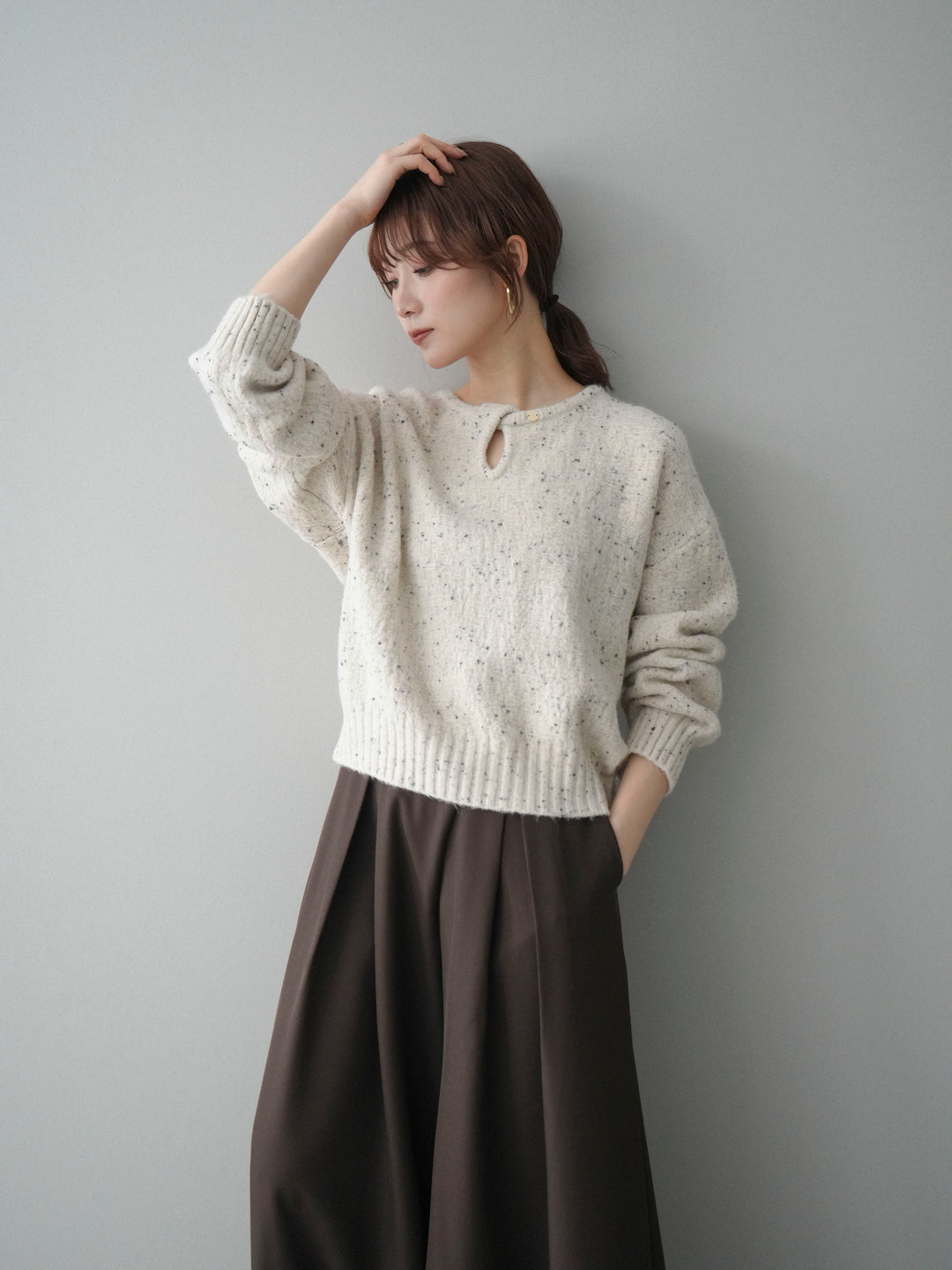 [予約]ツイストネックラメネップヤーンニットプルオーバー/ivory