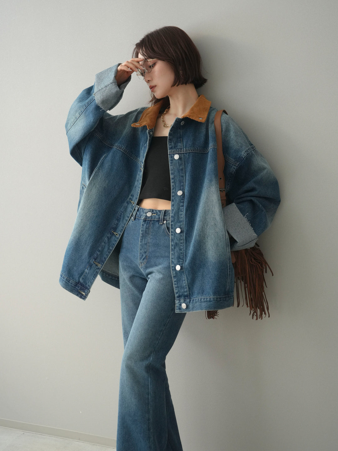 [SET]コーデュロイ×デニムミドルジャケット+フレアデニムパンツ(2set)