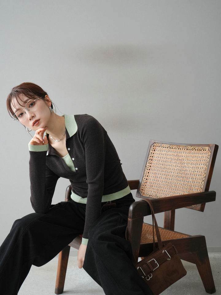 [予約]レイヤード配色ポロニットトップス/darkbrown