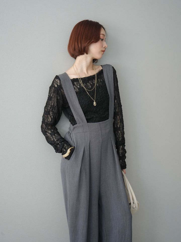 [SET]サイドギャザーレーストップス+シボ加工ハイウエストタックサロペット(2set)