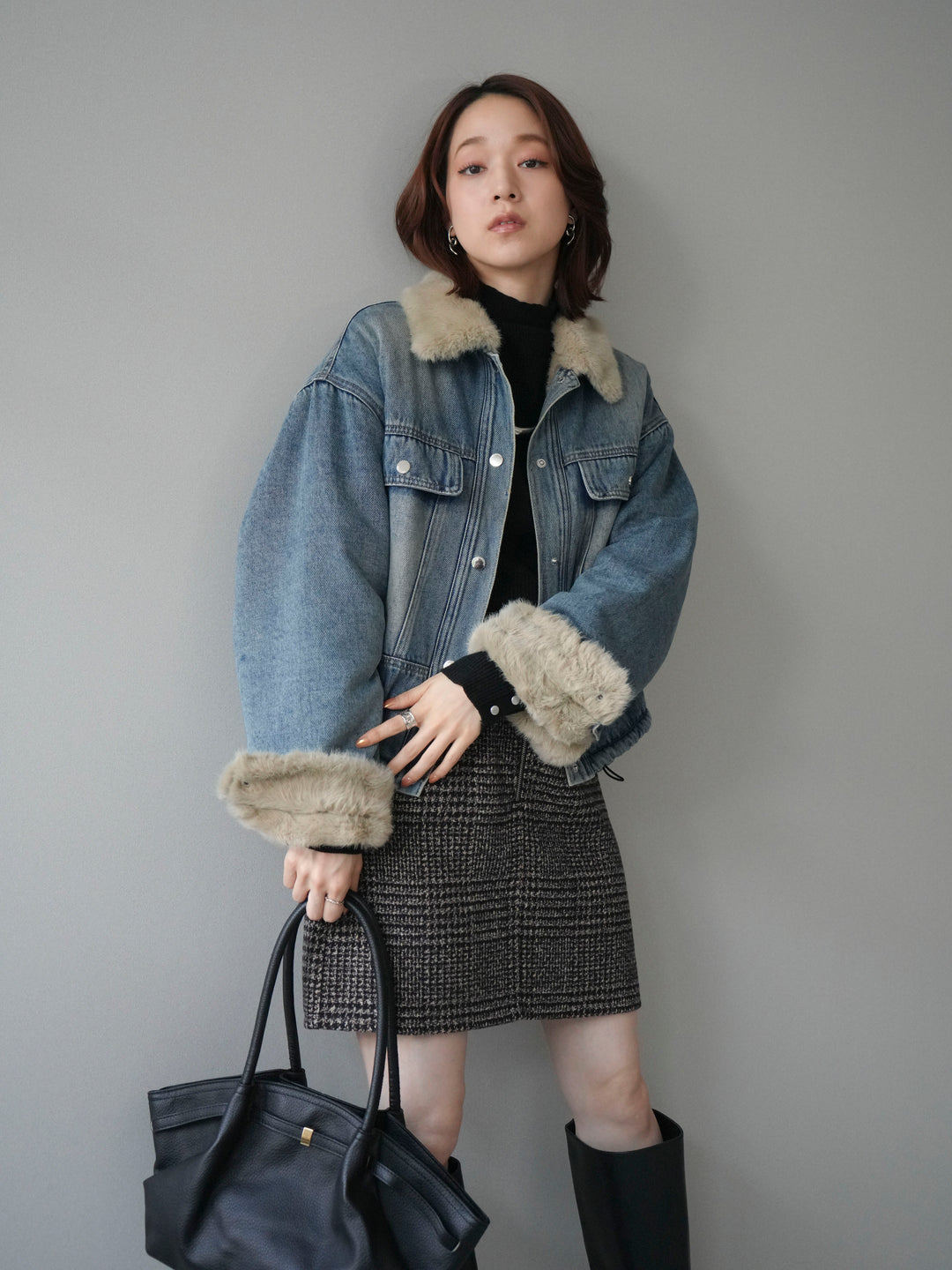 [予約]デニム×ファーステンカラーショートジャケット/lightblue