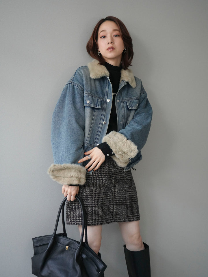 [予約]デニム×ファーステンカラーショートジャケット/lightblue