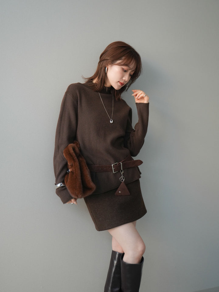 [予約]ボトルネック裾カールリブニットトップス/brown