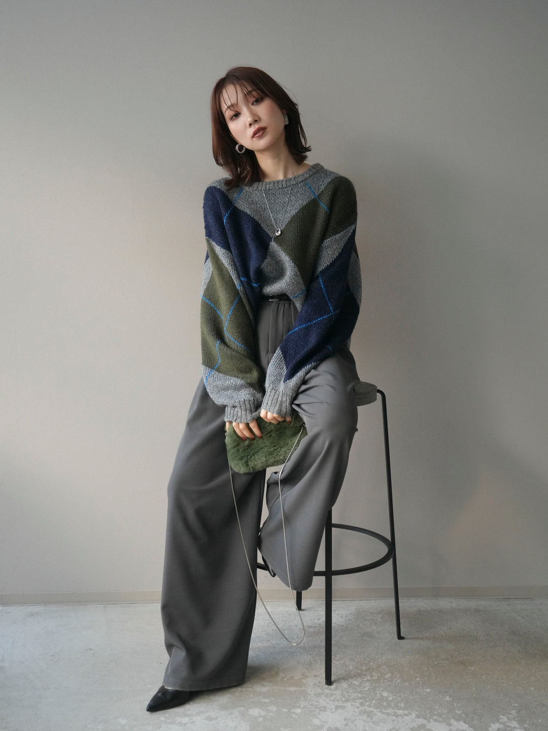 [SET]配色ステッチアーガイル柄ニットプルオーバー+ベルトループデザインワイドパンツ(2set)