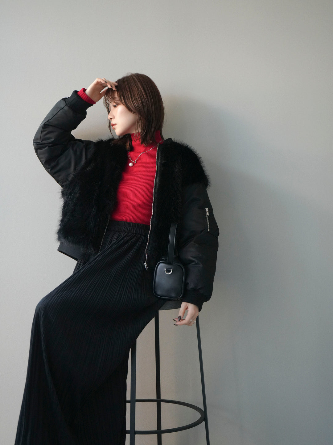 [SET]ファードッキングMA-1+袖ボタンボトルネックリブニットトップス(2set)