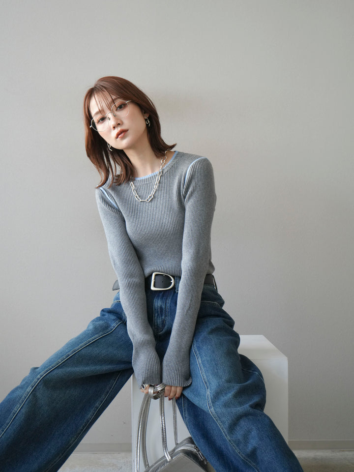 [予約]バイカラークルーネックリブニットトップス/gray