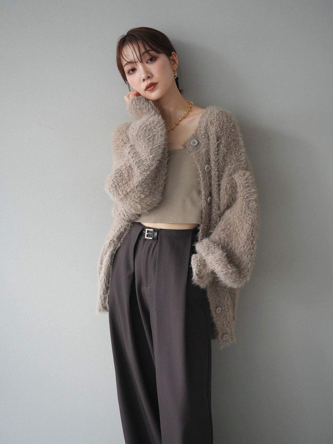 [SET]クルーネックランダムシャギーカーディガン+ベルトループデザインワイドパンツ(2set)