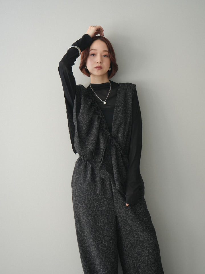 [SET]3WAYミックスツイードギャザーオールインワン+シアープチネックストレッチトップス(2set)