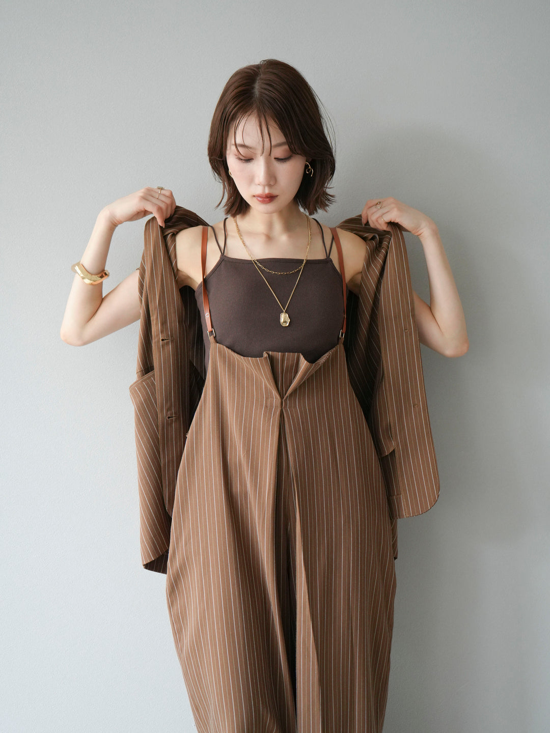 【着回しセット】[SET]ヘリンボーンストライプジレ+シアー切替ベロアトップス+ヘリンボーンストライプサロペット(3set)