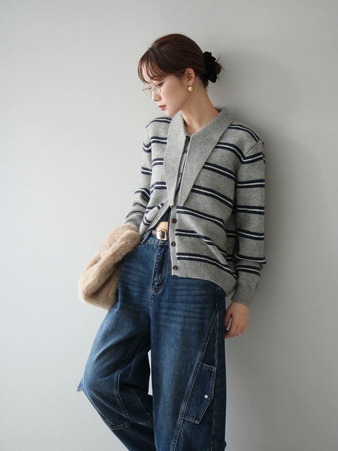 [予約]ボウタイボーダーニットカーディガン/gray