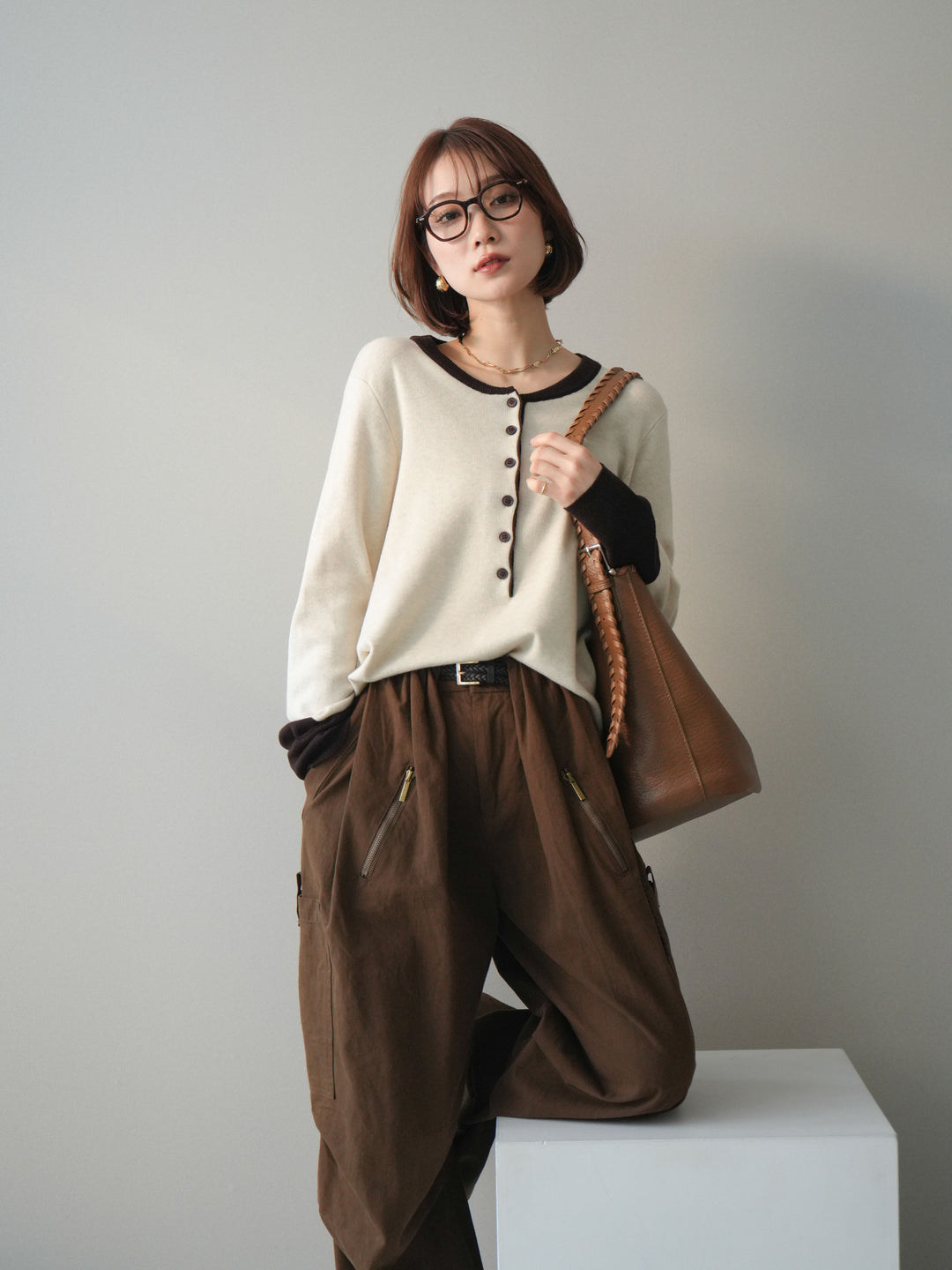 [SET]ヘンリーネック配色ニットソー+選べるアクセセット(2set)