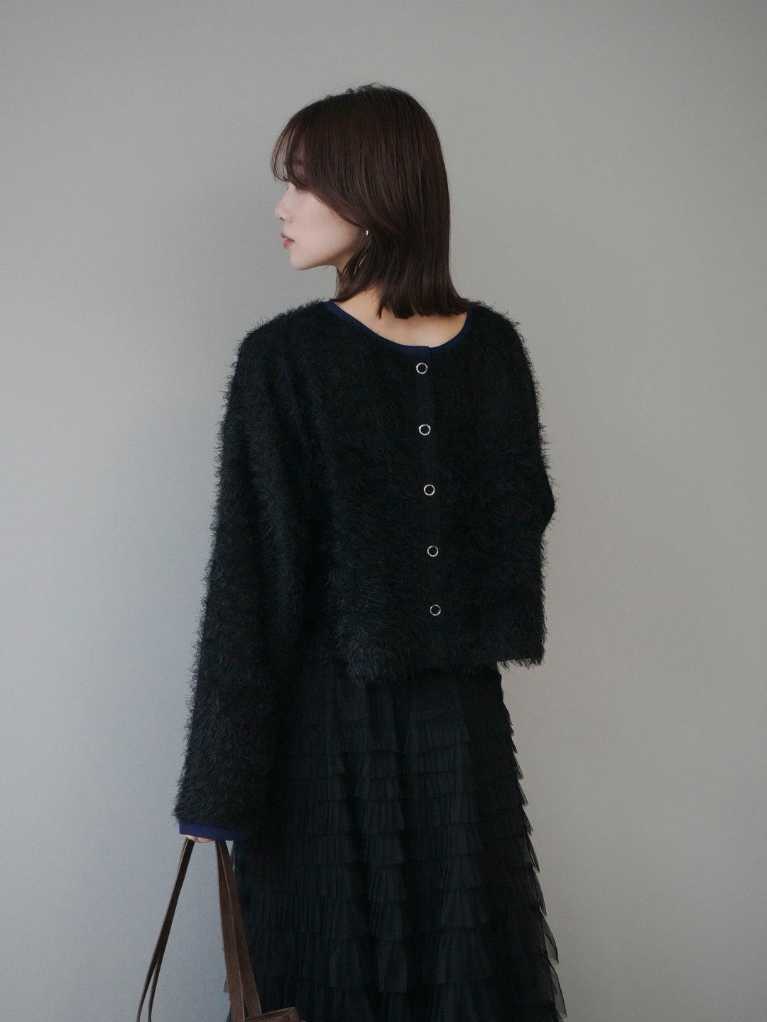 [予約]バイカラー2WAYシャギーニットカーディガン/black