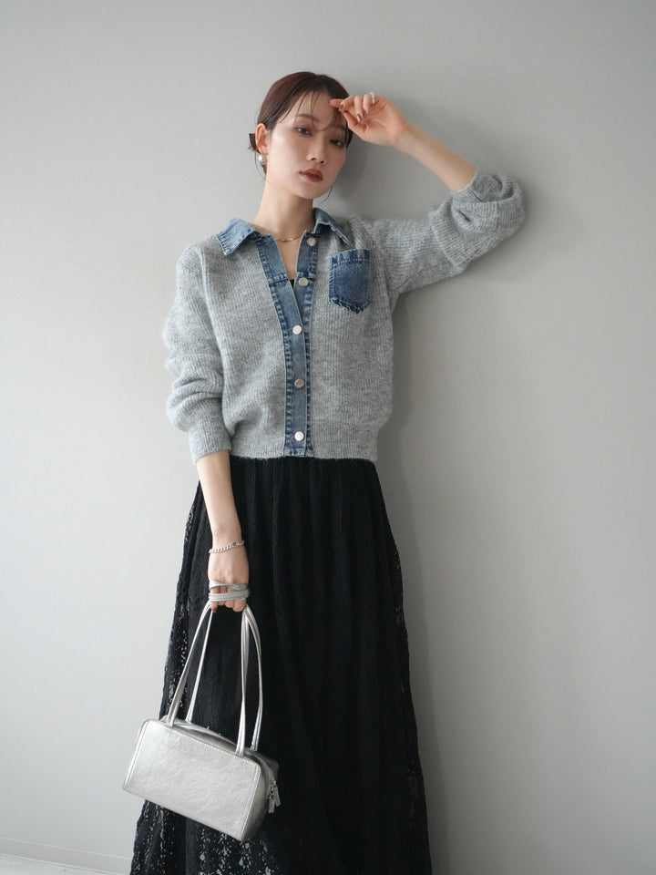 [予約]デニム襟ポケットニットカーディガン/gray