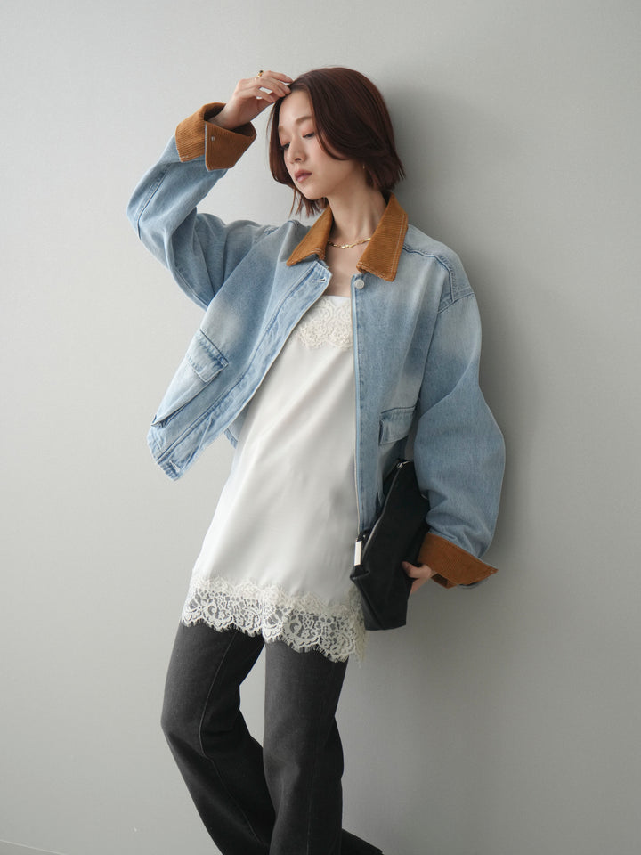 [予約]コーデュロイ×デニムショートカバーオール/bleach