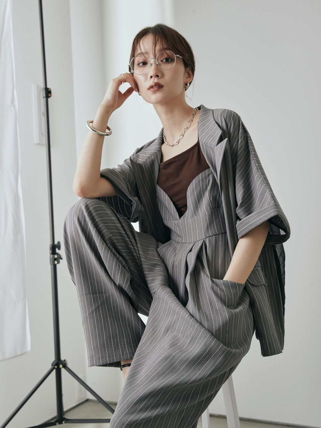 [予約]ヘリンボーンストライプサロペット/チャコール