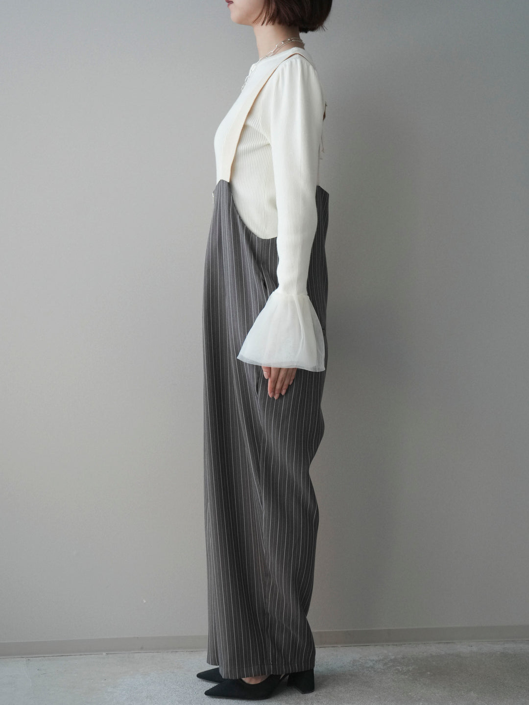 [予約]グログランテープストライプサロペット/charcoal