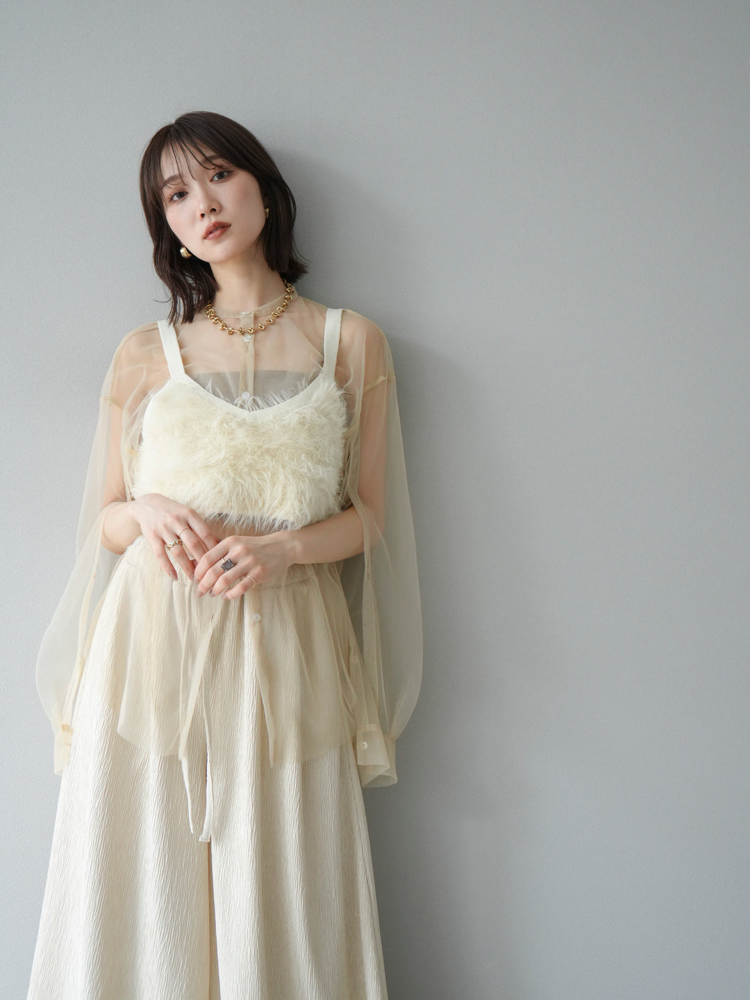 [予約]2WAYスリーブチュールシャツ/ベージュ　