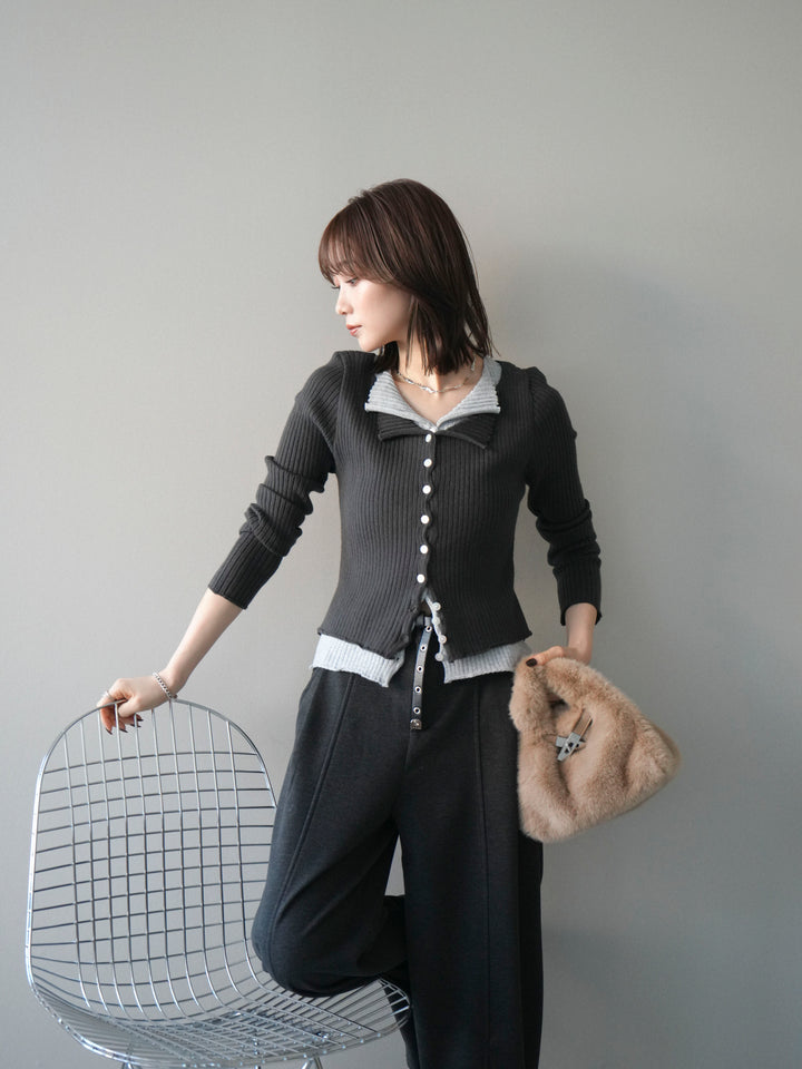 [予約]配色レイヤードリブニットカーディガン/charcoal