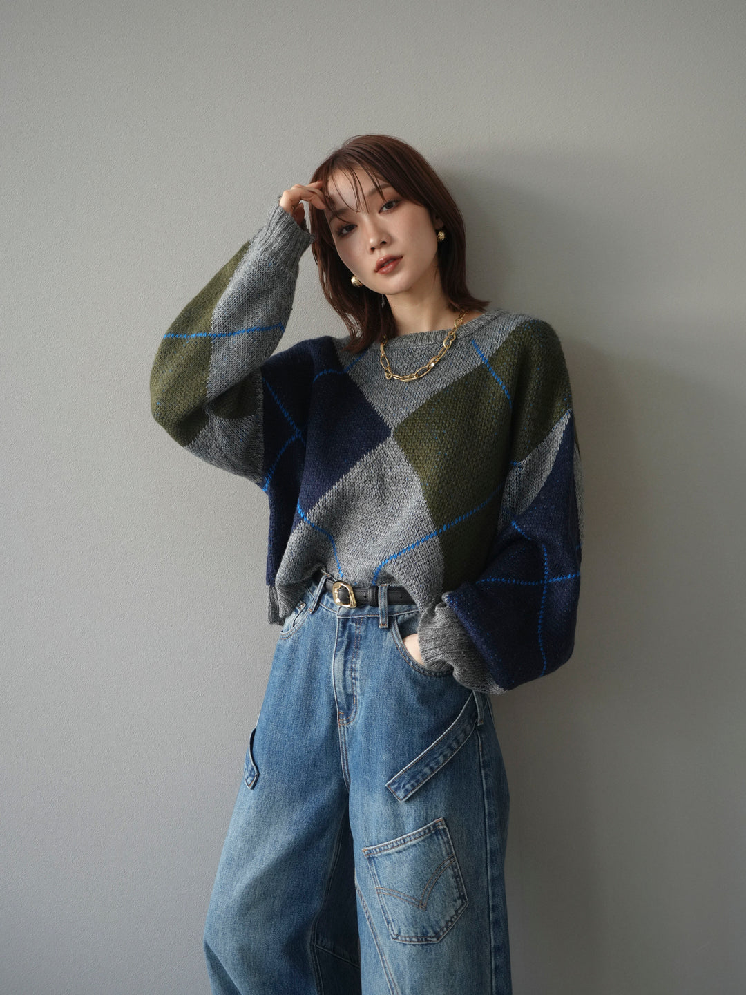 [SET]配色ステッチアーガイル柄ニットプルオーバー+配色ステッチアーガイル柄ニットプルオーバー(2set)