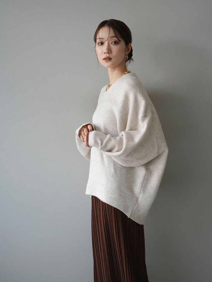 [SET]Vネック配色スリーブニットプルオーバー+選べるアクセセット(2set)