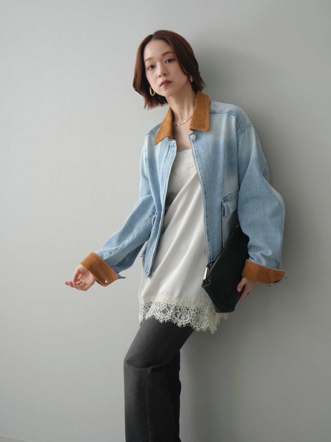 [予約]コーデュロイ×デニムショートカバーオール/bleach