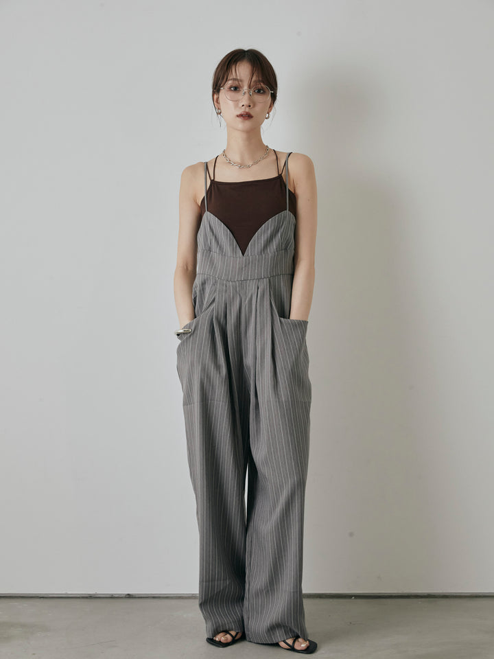 [予約]ヘリンボーンストライプサロペット/チャコール