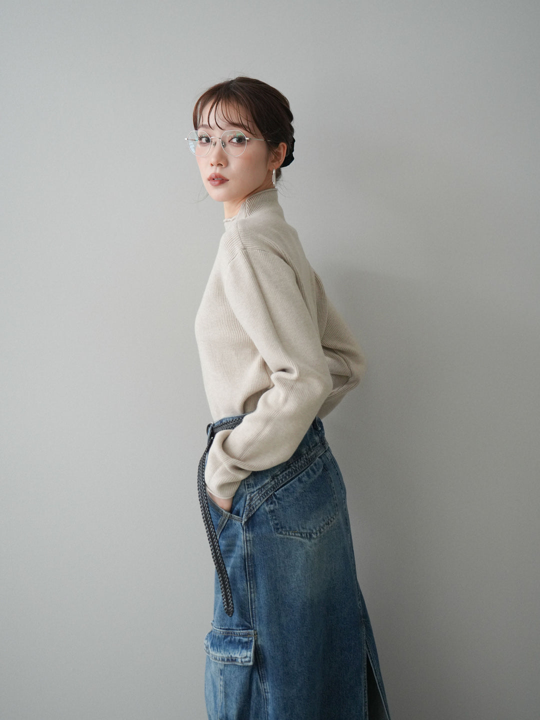 [予約]ボトルネック裾カールリブニットトップス/ivory