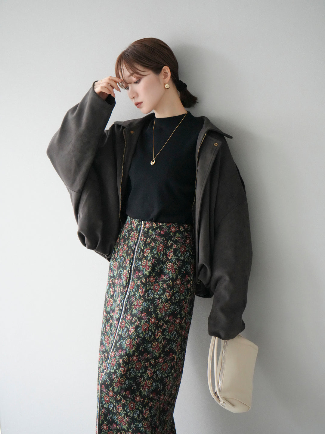 [SET]スウェードオーバーブルゾン+ゴブランフロントジップタイトスカート(2set)