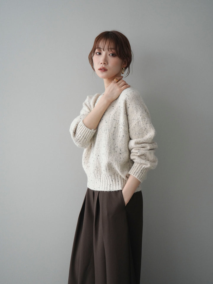 [SET]ツイストネックラメネップヤーンニットプルオーバー+テープベルトタックバギーパンツ(2set)