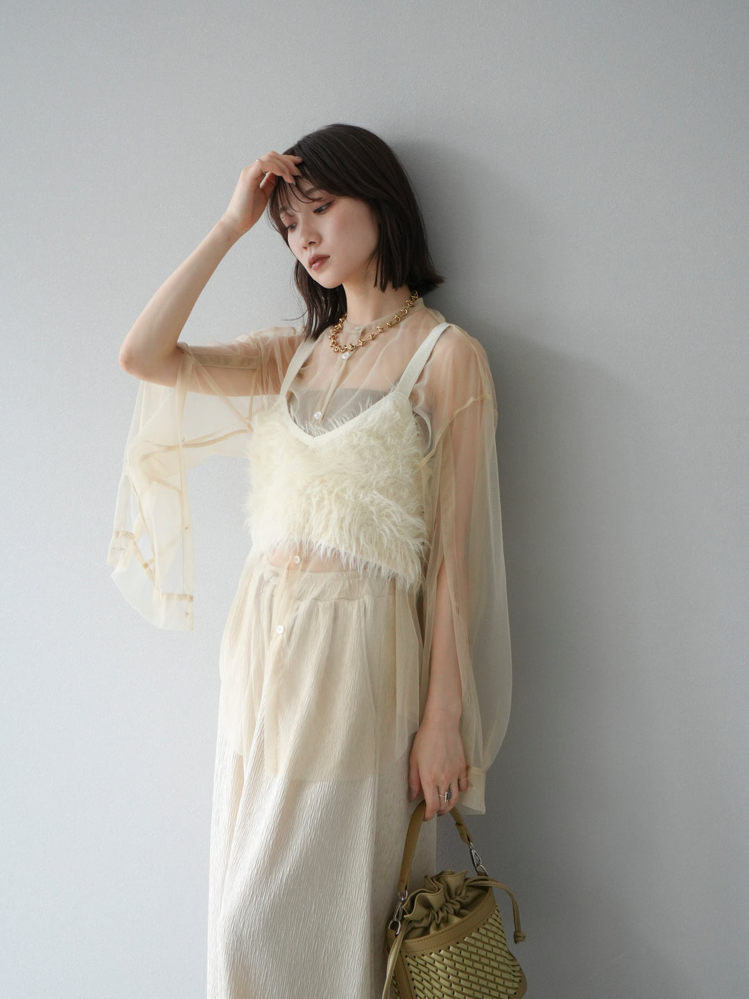 [予約]2WAYスリーブチュールシャツ/ベージュ　