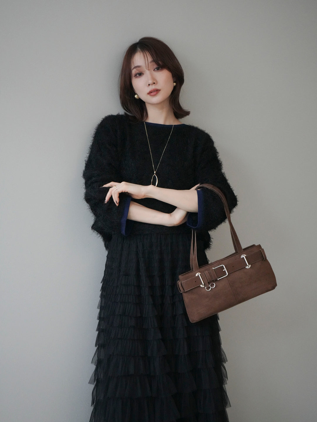 [予約]バイカラー2WAYシャギーニットカーディガン/black