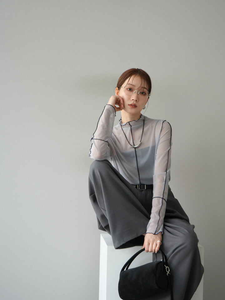 [予約]シアーパイピングカットソー/ライトグレー×ネイビー