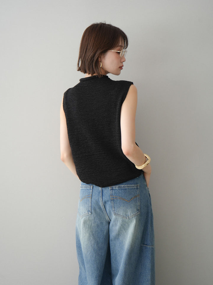 【套裝】無袖亞麻質感透視針織套頭衫 + 不對稱闊腿牛仔褲（兩件套）