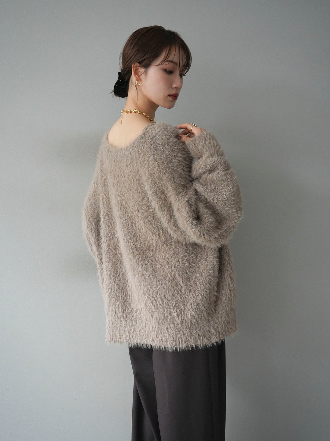 [SET]クルーネックランダムシャギーカーディガン+ベルトループデザインワイドパンツ(2set)