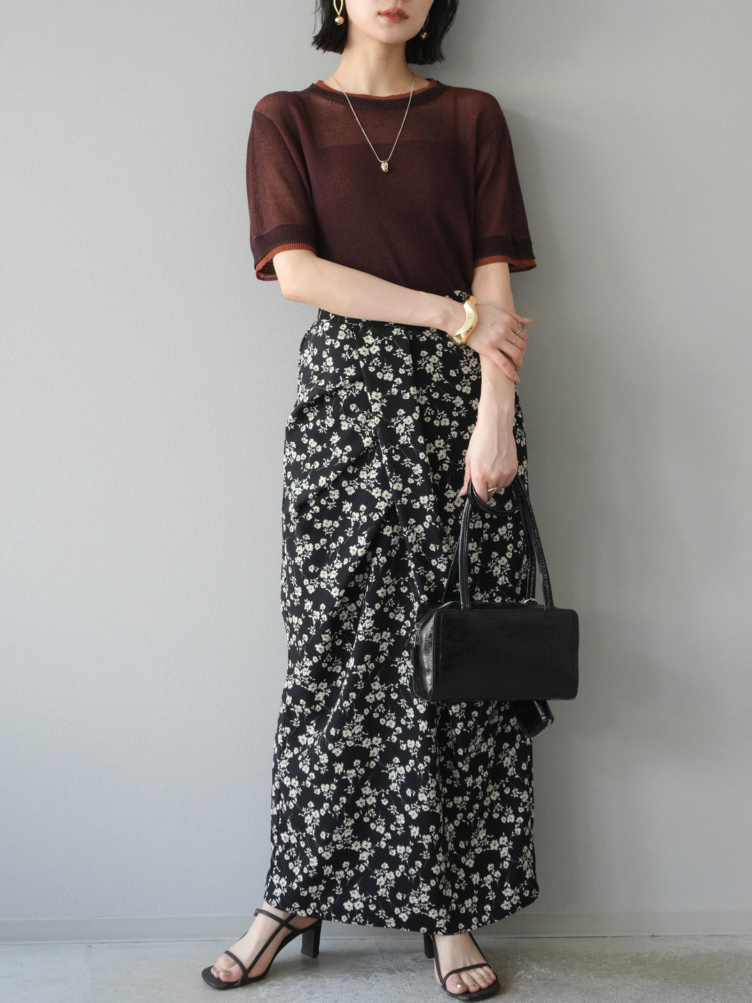 [SET]リネンタッチ配色二重臼ハーフニットトップス+選べるアソート柄スカートセット(2set)