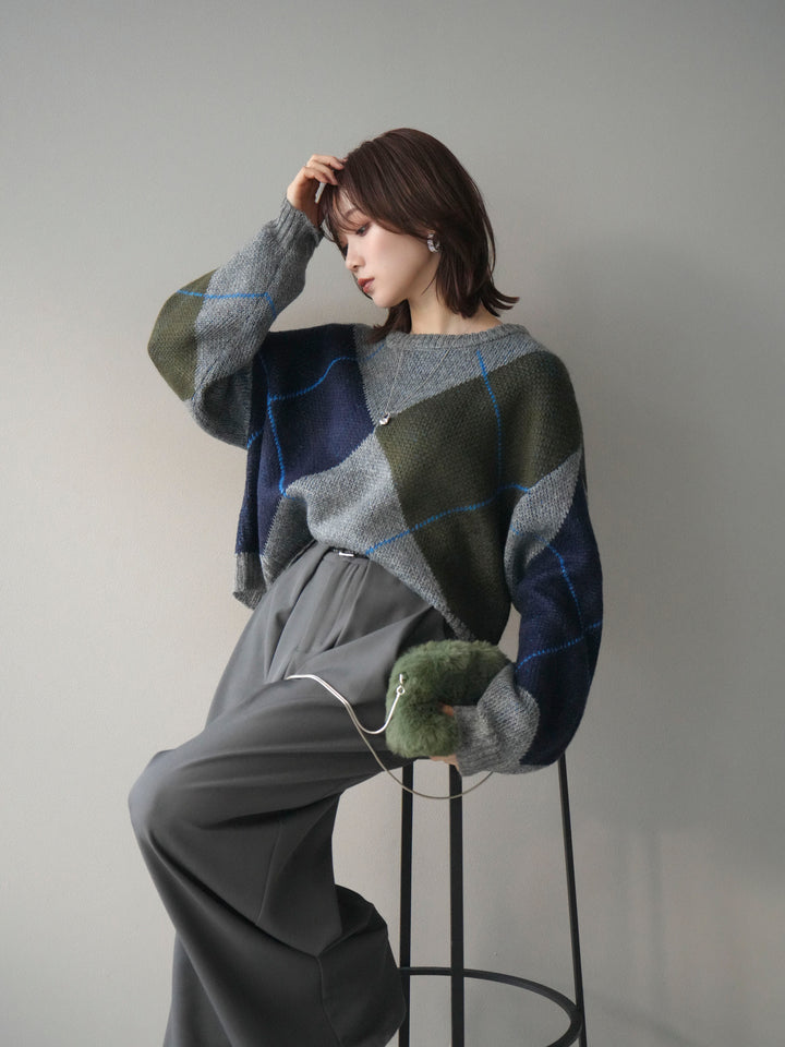 [予約]配色ステッチアーガイル柄ニットプルオーバー/gray