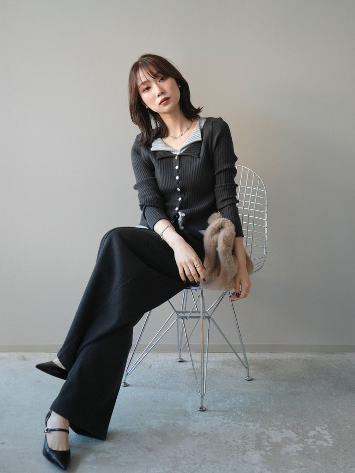 [予約]配色レイヤードリブニットカーディガン/charcoal