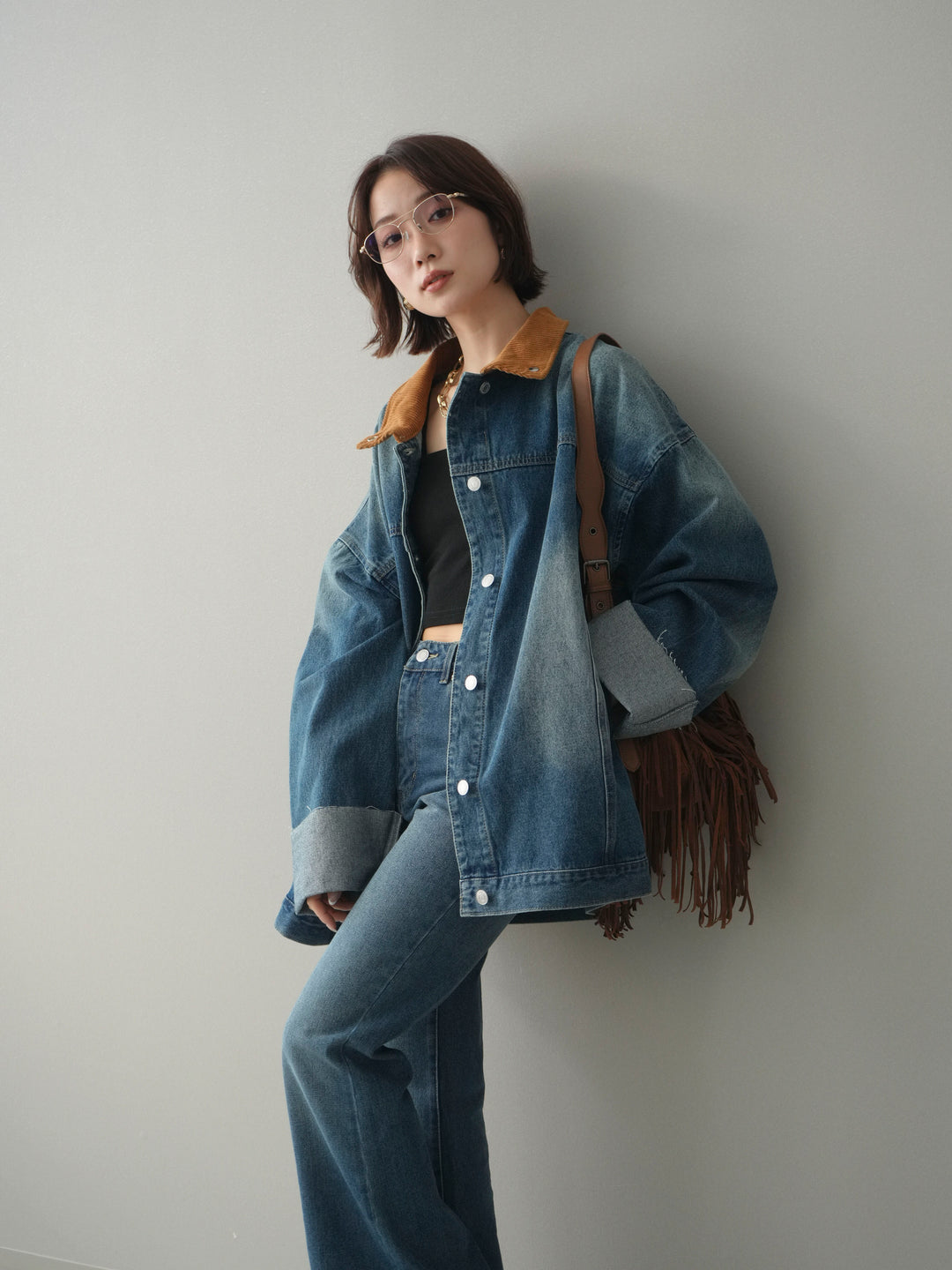 [SET]コーデュロイ×デニムミドルジャケット+フレアデニムパンツ(2set)