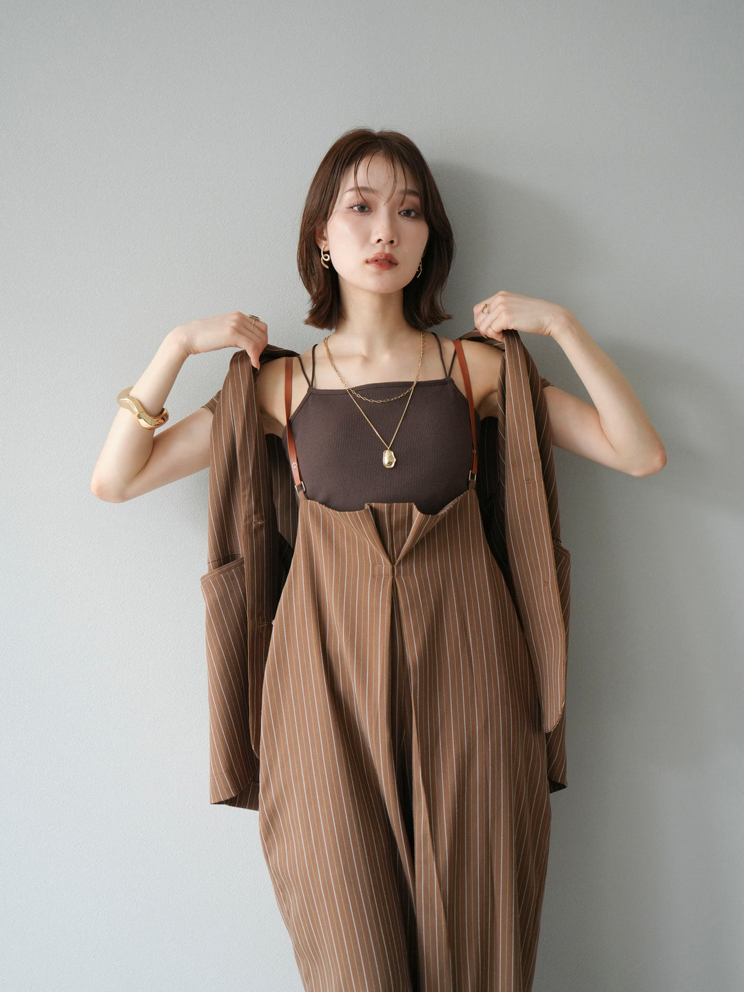 【着回しセット】[SET]ヘリンボーンストライプジレ+シアー切替ベロアトップス+ヘリンボーンストライプサロペット(3set)