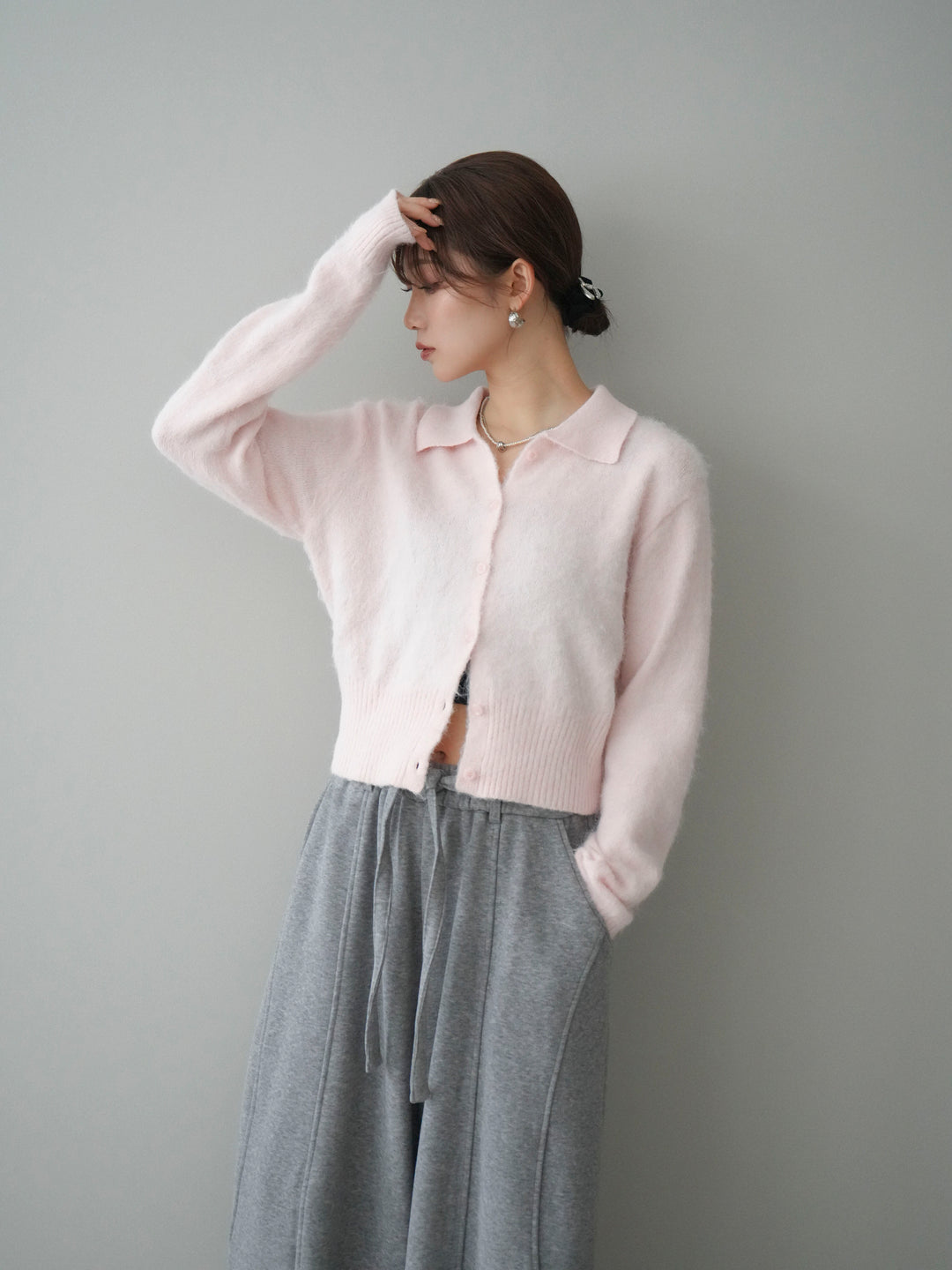 [予約]モヘア衿付きボタンプルオーバー/pink