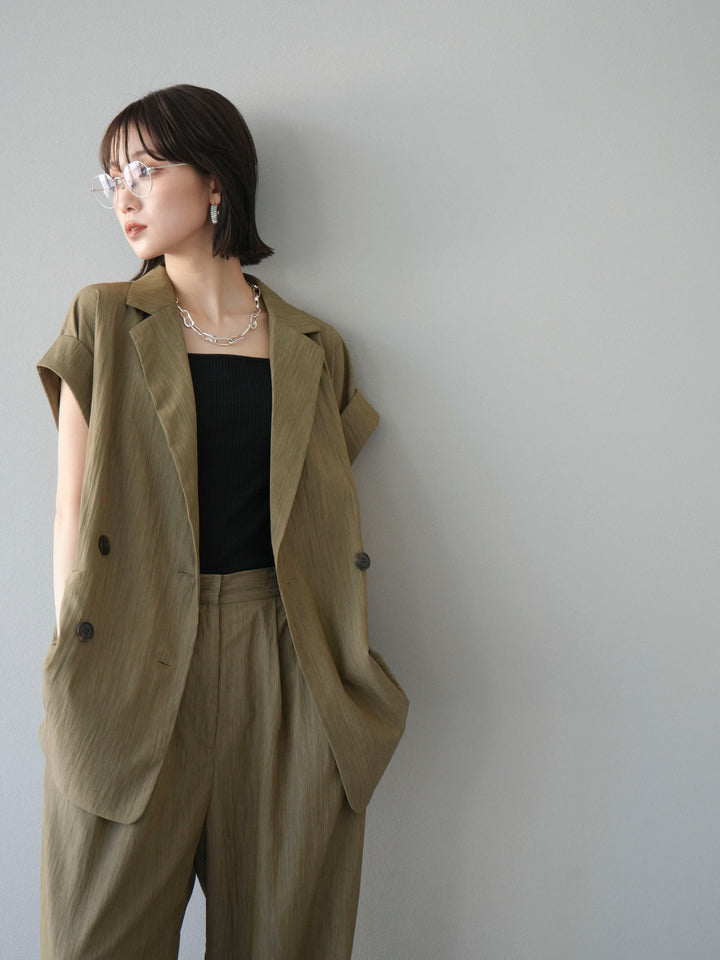 [套裝] 亞麻風格無袖雙背心 + 雙肩帶剪裁羅紋胸罩吊帶背心（2 件套）