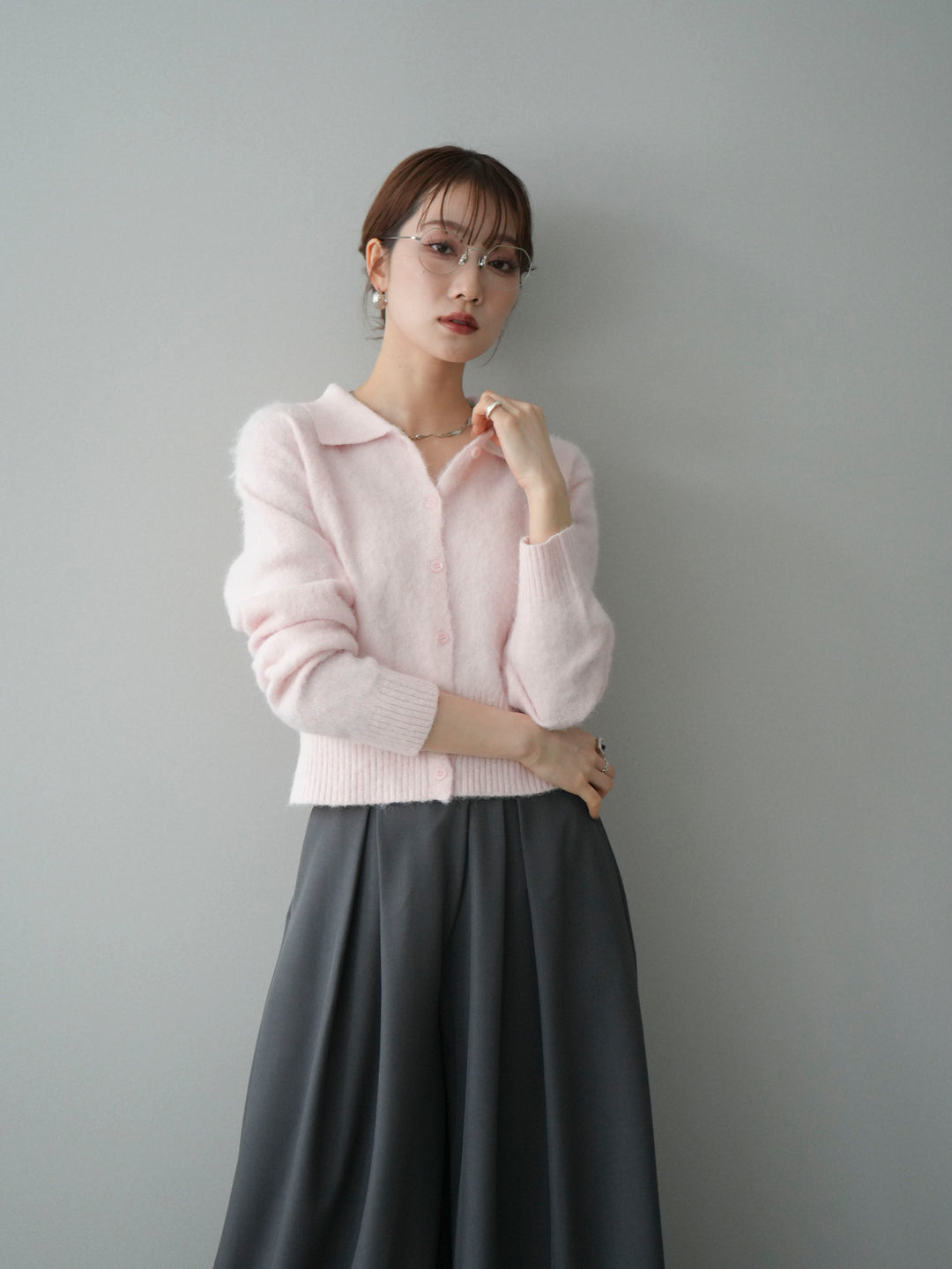 [SET]モヘア衿付きボタンプルオーバー+テープベルトタックバギーパンツ(2set)