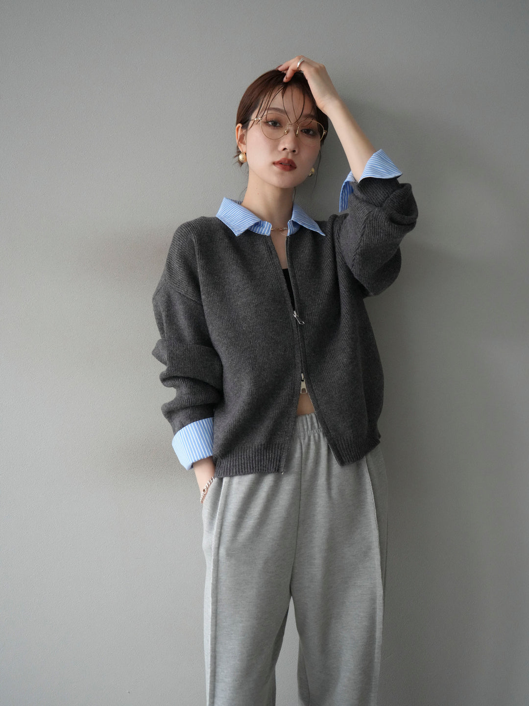 [SET]ストライプシャツレイヤードZIPニットカーディガン+2WAYデザインスウェットパンツ(2set)