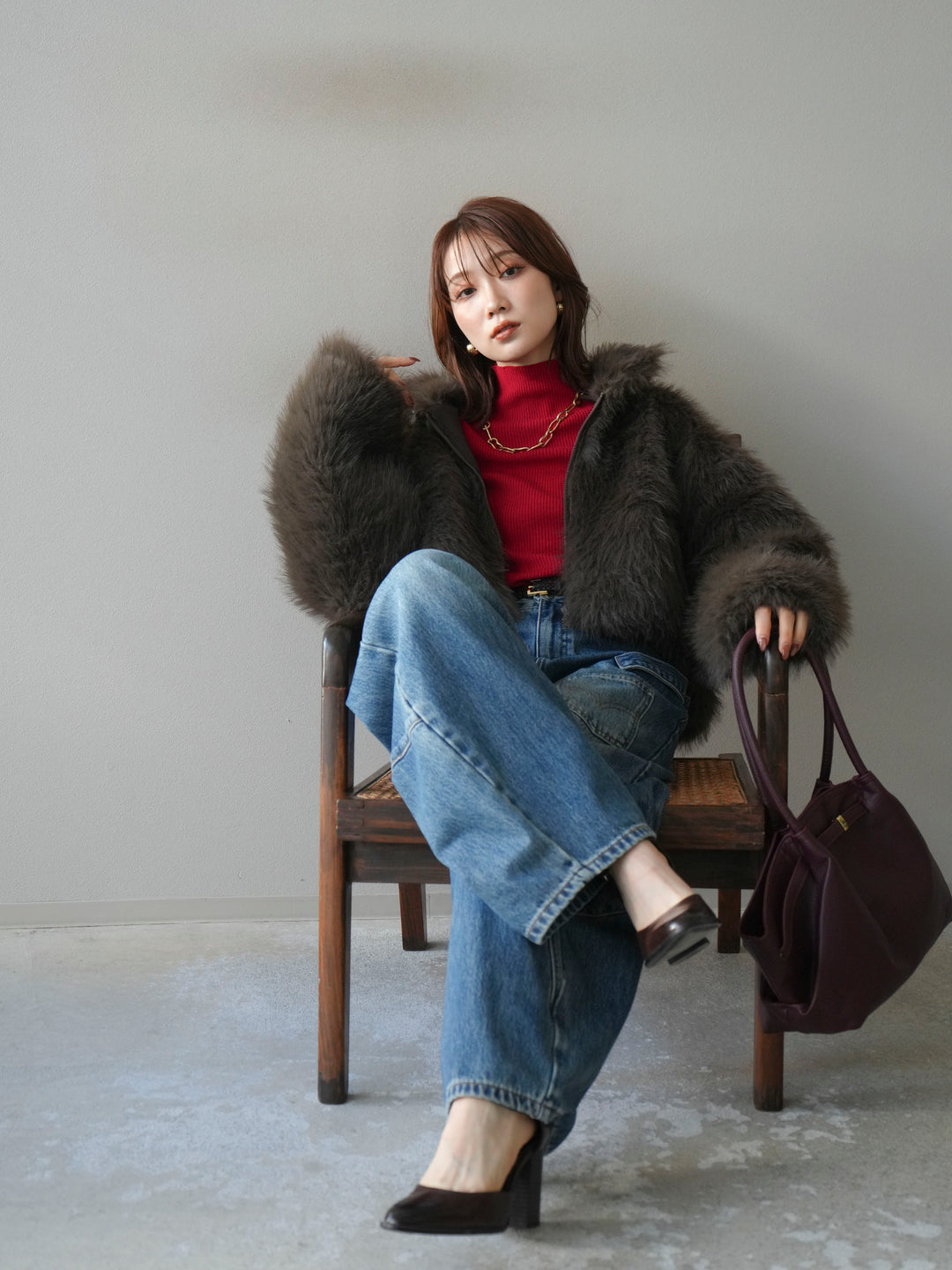 [予約]フェイクファーショートZIPジャケット/brown