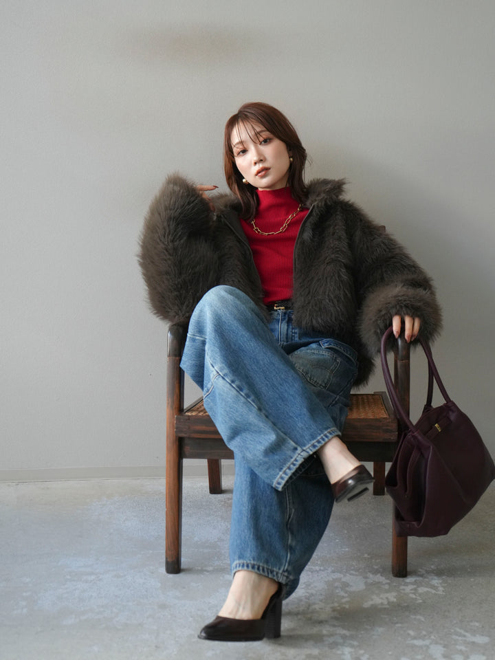 [予約]フェイクファーショートZIPジャケット/brown