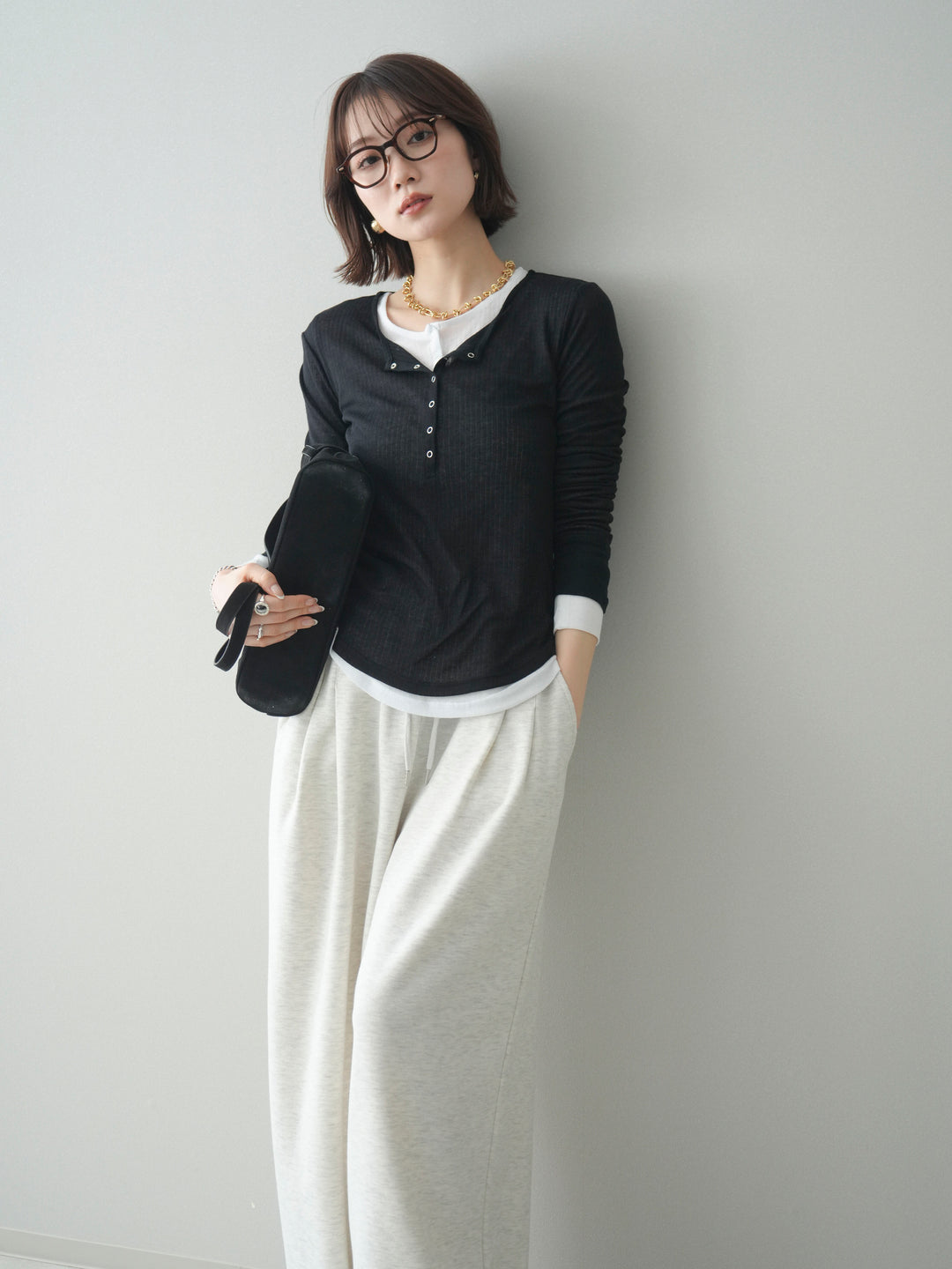 [予約]シアーリブヘンリーネックロンT/black