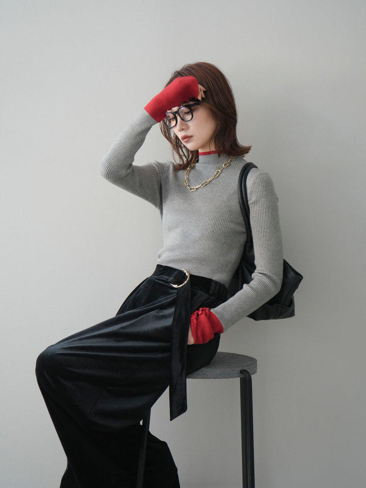 [予約]袖ボタンハイネック配色リブニットトップス/gray